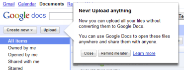 Mensagem do Google Docs